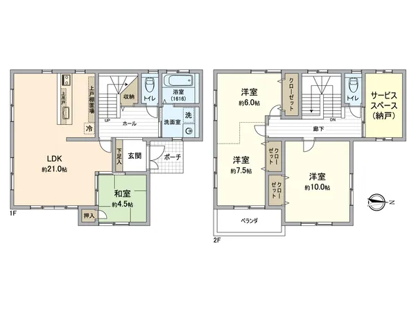 1Fは64.80平米、2Fは64.80平米の4SLDK（Sは納戸です）　LDKは約21.0帖　LDKは南・東・西の三面採光