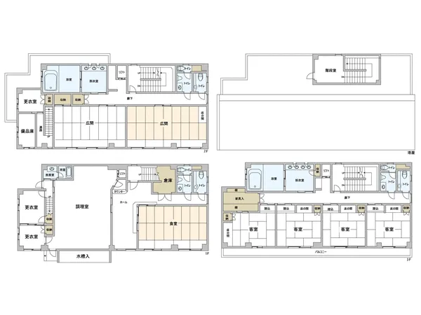 【間取図】3階には客室4部屋（和室約10帖）あり 2階には大広間（和室約20帖）あり 　　　　　　　　　　　　　　　　　　　　　　　　　　　