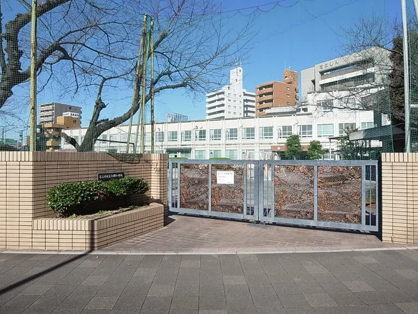 六郷小学校の正門付近の様子です。周囲は歩道が広く、校舎や緑が見渡せる環境です。