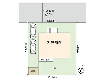 富士見3丁目 戸建 敷地配置図駐車場2台縦列駐車可能（倉庫撤去すると3台駐車可能）