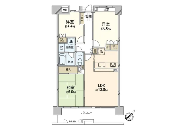 専有面積約64平米の3LDK！南東向きで陽当たり良好なLDKと寝室、お子様のお部屋など分けた使いかたが可能です。