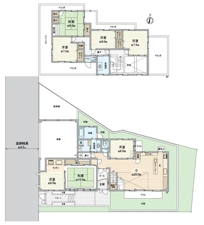 物件全体のレイアウトを示した間取図です。動線や採光の参考になります。