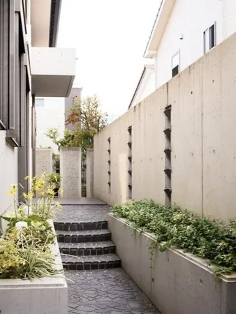 植栽が並ぶアプローチ。明るい日差しとコンクリートの質感が印象的です。