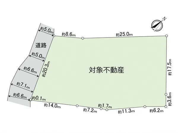 【地形図】土地面積：747.05平米（約225.98坪）前面道路接面：約20.3ｍ道路幅員：約5.0ｍ～約7.1ｍ