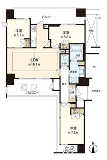 三方角住戸・３LDKタイプ・高層階
