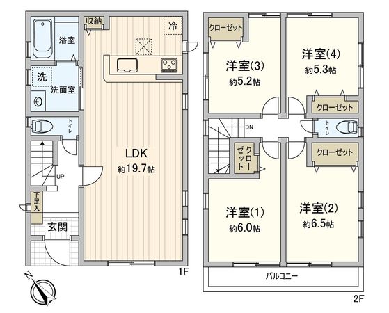 間取図　（LD・居室全室エアコン付き、居室全室クローゼット収納付き）